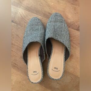Gap Women's Sz 9 Black White Glen Plaid Tweed Fabric Slide Block Heel Mules